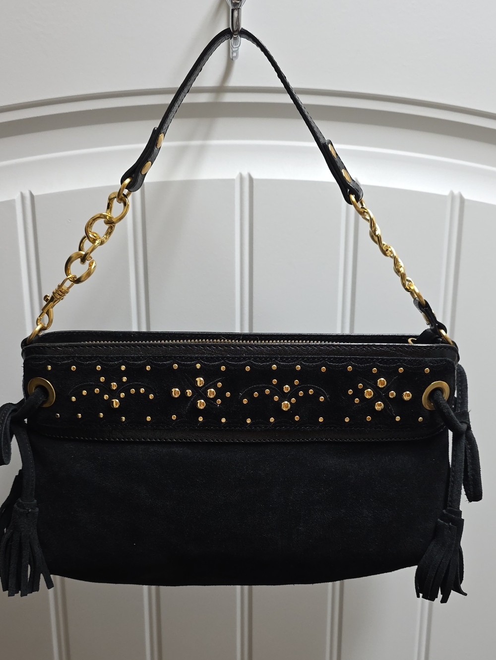 Maxximum Women’s Black Suede Shoulder Bag with Gold Stud Accents